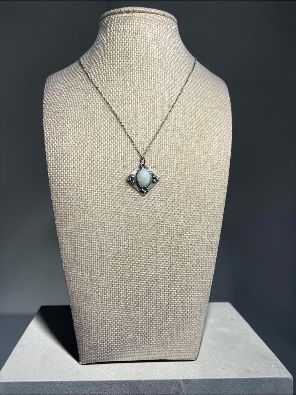 Artisan Sterling Silver Opal Beaded Square Pendant Necklace